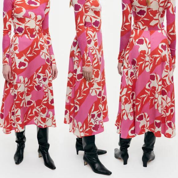 NWT Anthropologie Marimekko Volyymi Serenaadi Pink Red Floral A Line Midi Skirt - Picture 3 of 14